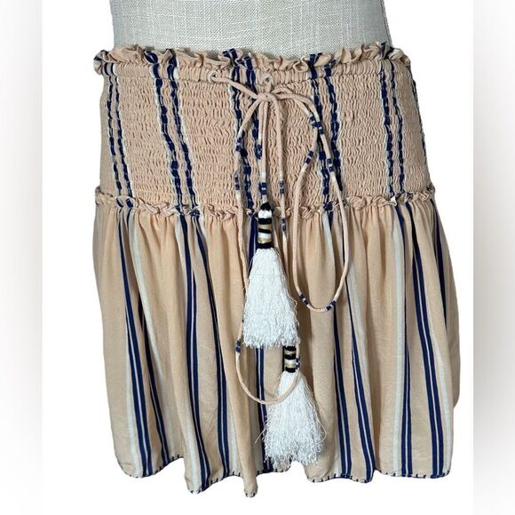 HEMANT & NANDITA Sand Tan Nautical Striped Silk Drawstring Mini Skirt - Picture 4 of 11